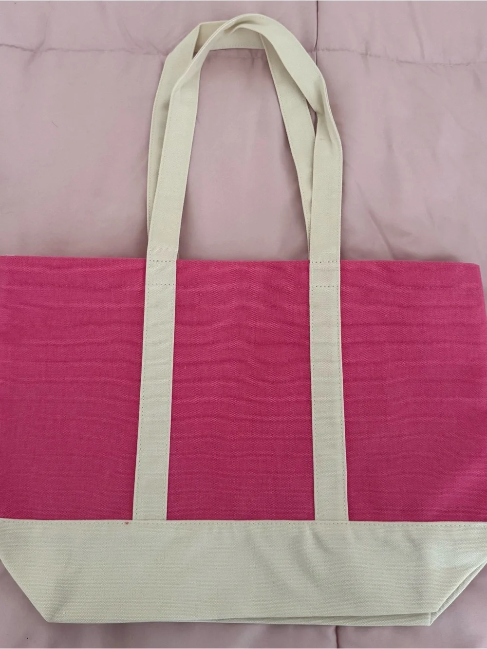 NWT Lancôme Pink Canvas Tote Bag with Cream Trim, size 17x12 boho beach Barbie - Picture 5 of 9